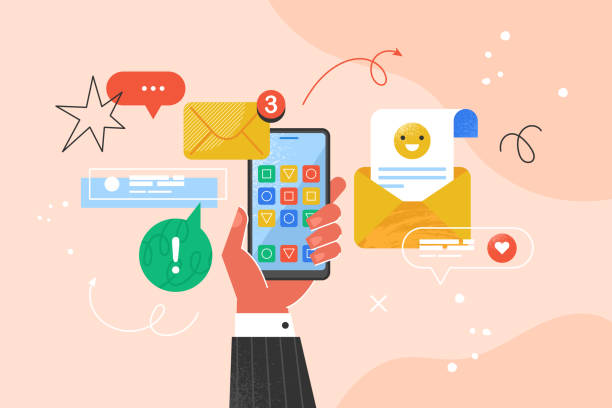 illustrazioni stock, clip art, cartoni animati e icone di tendenza di moderno concetto creativo per e-mail, mobile marketing e newsletter. illustrazione vettoriale aziendale per social media, banner o modello di presentazione - social media marketing