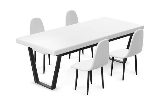 White 3D table and chairs isolated on background. Vector realistic illustration of plastic and metal furniture mockup for trade fair booth, office conference room, restaurant interior, home kitchen