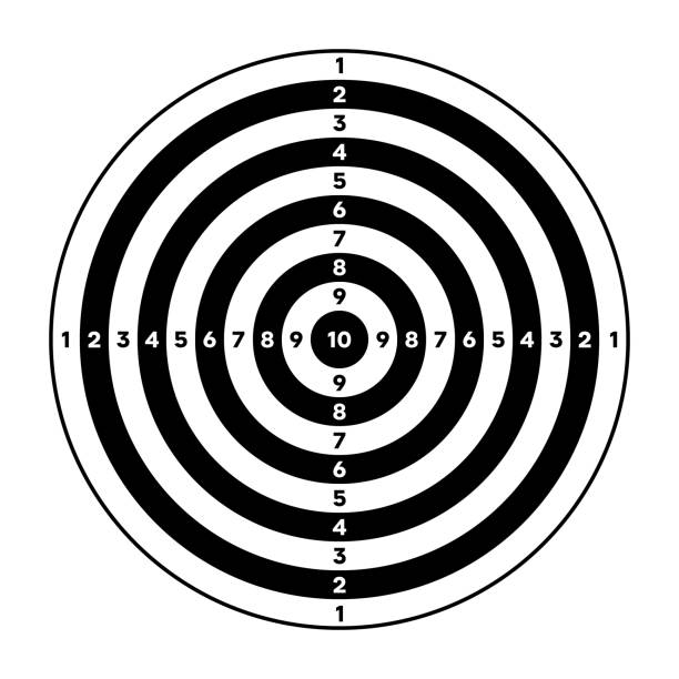 shooting range paper target with divisions, marks and numbers. archery, gun shooting practise and training, sport competition and hunting. bullseye and aim. vector illustration - archery range illustrations stock illustrations