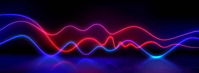 Abstract neon wave lines on black background. Vector realistic illustration of red and blue light curves glowing on dark stage with reflection on glossy floor, led illumination, disco club decoration