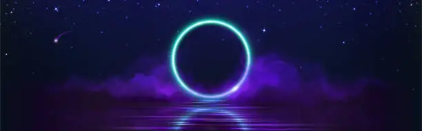 Vector illustration of Circle frame neon light glow and smoke under water