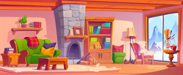 Vector illustration of Cozy village cabin interior with winter out window