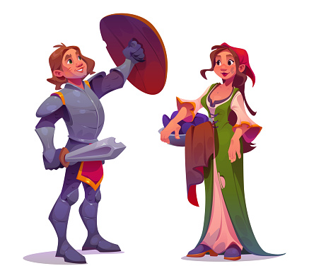 People character of medieval age - young peasant woman with clothes in pelvis and brave knight man in metal armor with shield and sword in hands. Cartoon vector illustration set of ancient person.