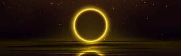 Vector illustration of Circle frame yellow neon light glow under water