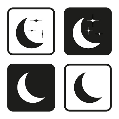 Set of crescent moon icons. Nighttime symbols. Stars and moon variations. Monochrome square design. Vector illustration. EPS 10. Stock image.