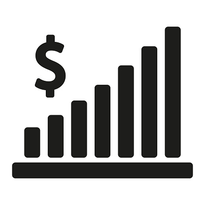 Financial growth bar chart icon. Profit increase symbol. Dollar sign graph. Economic success indicator. Vector illustration. EPS 10. Stock image.