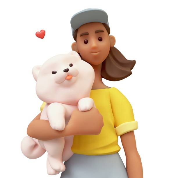 istock 3d render black girl holds large fluffy playful puppy. 2109341013