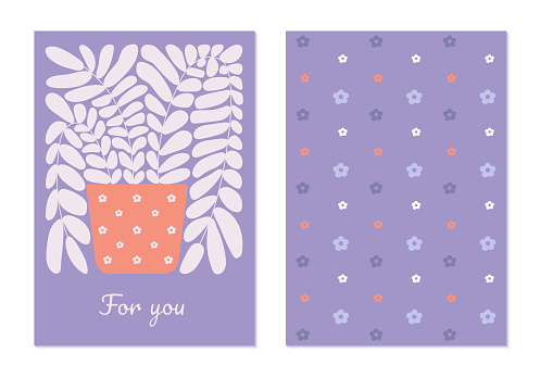 Greeting card template with caption For You with potted indoor plant in flat style.