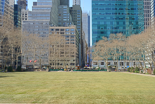 Green glade. Spring in Bryant Park, public park located in New York City borough of Manhattan. New York City