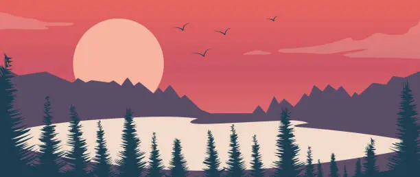 Vector illustration of Vector illustration. In a flat style. A beautiful gradient landscape. Modern style. Suitable for banner, screensaver, business card, postcards, posters.