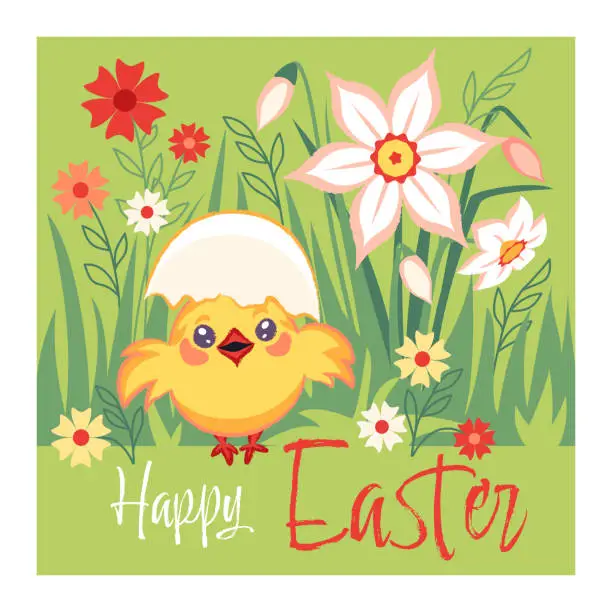 Vector illustration of Vector Easter poster with chicken