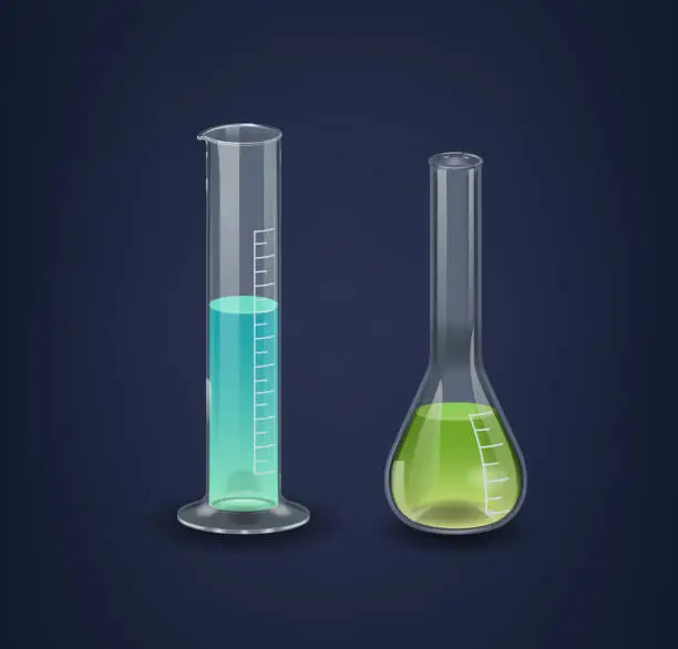 Vector illustration of Graduated Cylinder and Kjeldahl Laboratory Flasks with Colorful Solutions. Essential Glassware For Chemical Experiments