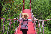 Rear view of female tourist walking across red hanging wooden bridge against greenery background in mangrove forest at natural parkland