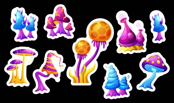 Vector illustration of Cartoon Magic Mushrooms Stickers Set. Fantasy Fairy Toadstools, Hallucinogenic Fungi, Isolated Alien Unusual Plants