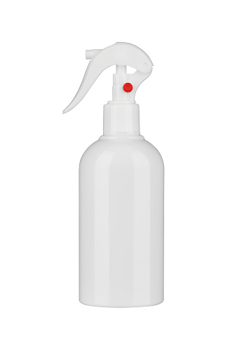 Single detergent plastic bottles with chemical cleaning product isolated on white background. Mockup of white plastic bottle and sprayer container. Studio shot. realistic Material.