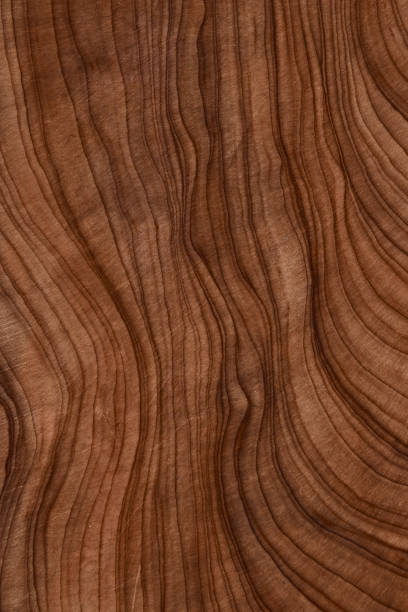 High angle view of a flat textured wooden board backgrounds. It has a beautiful nature and abstractive pattern. A close-up studio shooting shows details and lots of wood grain on the wood table. The piece of wood at the surface of the table also appears rich wooden material on it. The wood is dark brown color with darker brown lines and pattern on the bottom. Flat lay style. Its high-resolution textured quality.