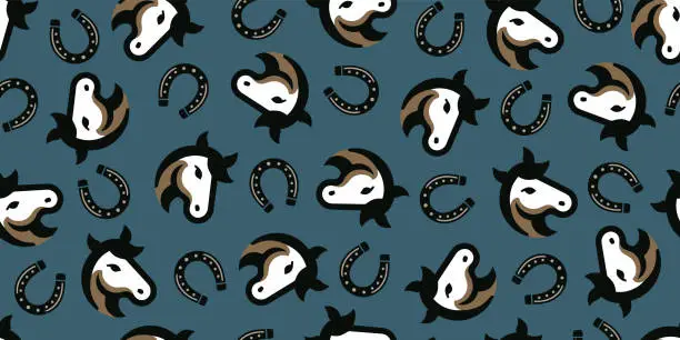 Vector illustration of Country style horse and horseshoe background. Seamless pattern.