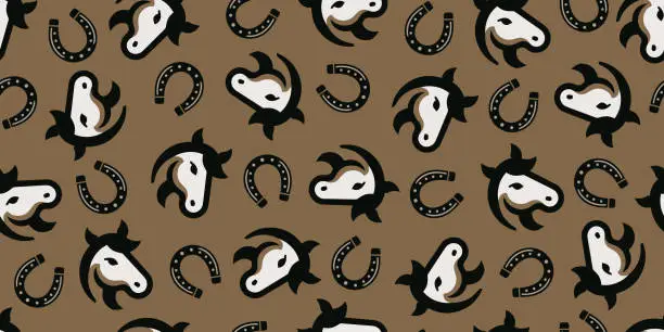 Vector illustration of Country style horse and horseshoe background. Seamless pattern.