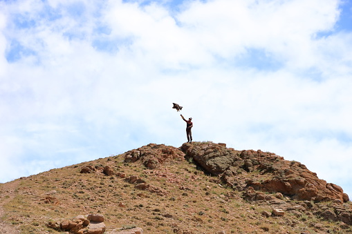 August 27 2023 - Bokonbayevo, Issyk Kul Province in Kyrgyzstan: Kyrgyz Eagle Hunters demonstrate a eagle hunt