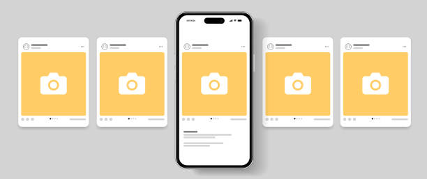 makieta szablonu posta karuzeli w mediach społecznościowych. interfejs aplikacji mobilnej z pustymi zdjęciami, edytowalnymi postami. przewijanie stron z ramkami, fotografia w mediach społecznościowych. - 14 16 stock illustrations