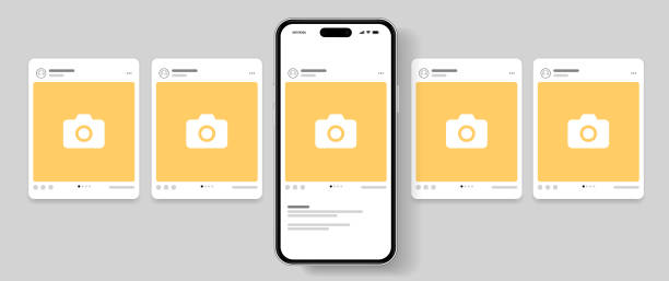 bildbanksillustrationer, clip art samt tecknat material och ikoner med social media carousel post template mockup. mobile app interface with blank pictures, editable posts. scroll frame pages, social media photography. - brand name smart phone