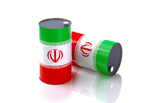 Oil barrels textured with Iranian flag on white background. Horizontal composition. Clipping path is included.