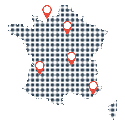 France dotted vector map. Red navigation marks. Modern infographic with travel destination points or attractions.