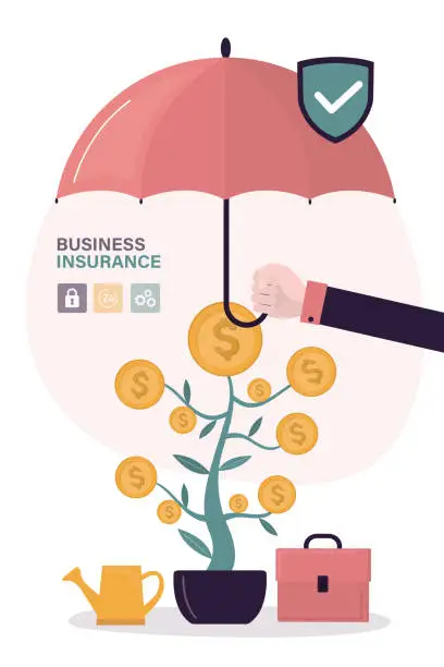 Vector illustration of Insurance and finance protection in economy crisis, safety investment and money management concept. Agent or businessman holding big umbrella and safety covering money tree