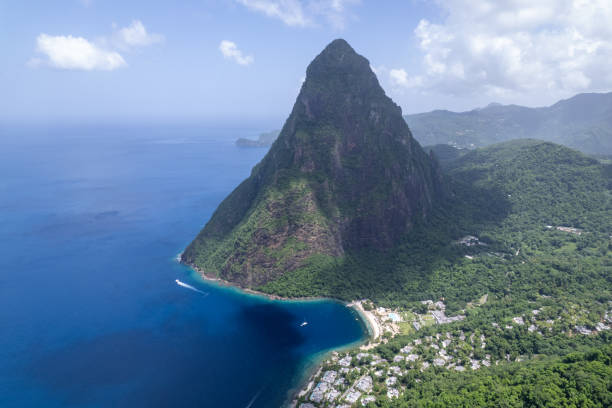 Aerial  of Gros Piton and Petit Piton on St. Lucia.  Shot on a DJI Drone Air 2s in the Caribbean on beautiful Saint Lucia island.