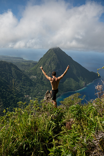 Person on top of Petit Piton of Gros Piton on St. Lucia.  Shot on a Sony mirrorless camera in the Caribbean on beautiful Saint Lucia island.