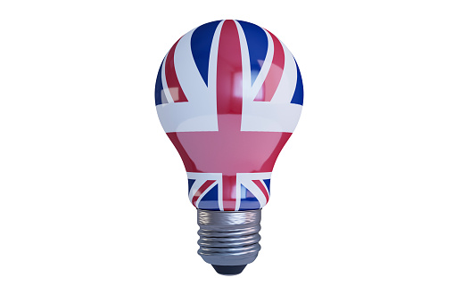 This lightbulb creatively displays the Union Jack flag, symbolizing innovation mixed with British pride.