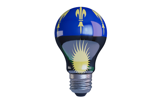 Reflective Blue Light Bulb with Fleur-de-lis and Sunburst Design Isolated on Black