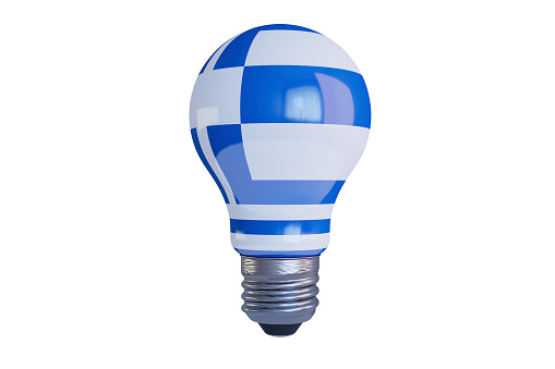 Energy-efficient LED bulb with blue stripes isolated on black. Greece flag