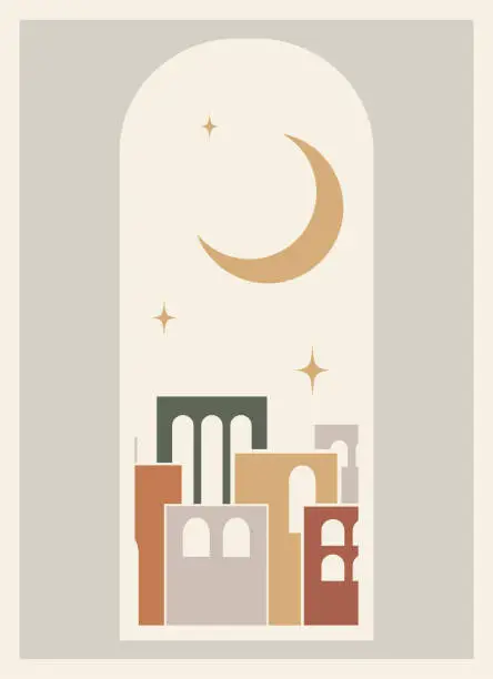 Vector illustration of Aesthetic poster illustration with evening cityscape. Historical east city in dusk art.