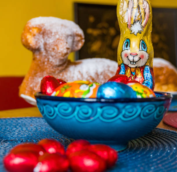 Traditional easter sweet lamb cake with powdered sugar, Bunnie, eggs, baking on old vintage background, Easter Background. High quality photo