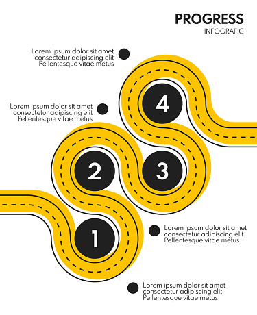 4 steps business infographics. Yellow and black road style timeline. Modern presentation or report template.