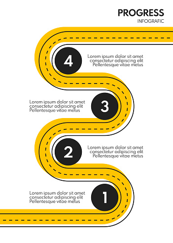 4 steps business infographics. Yellow and black road style timeline. Modern presentation or report template.