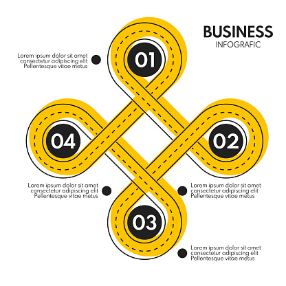 4 steps business infographics. Yellow and black road style cycle vector illustration. Modern presentation or report template.