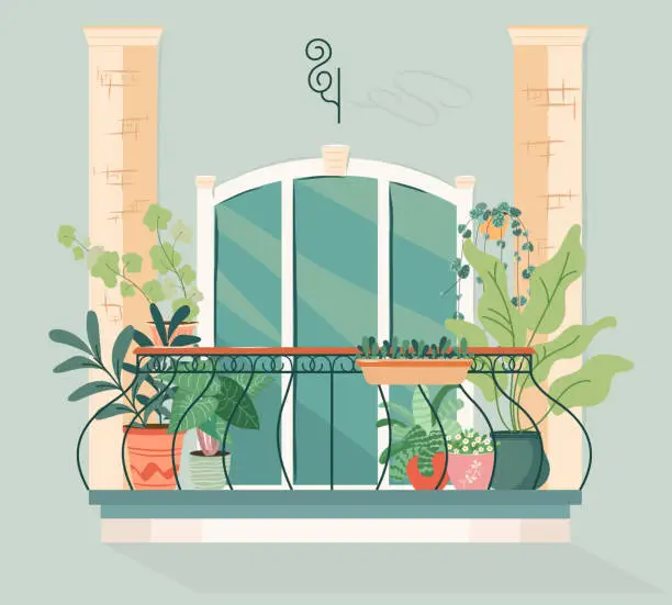 Vector illustration of Modern balcony with green plants in pots. Cozy balcony garden with greenery Vector design of house and apartment building facade architecture element. Balcony retreat. Urban house jungle on veranda.