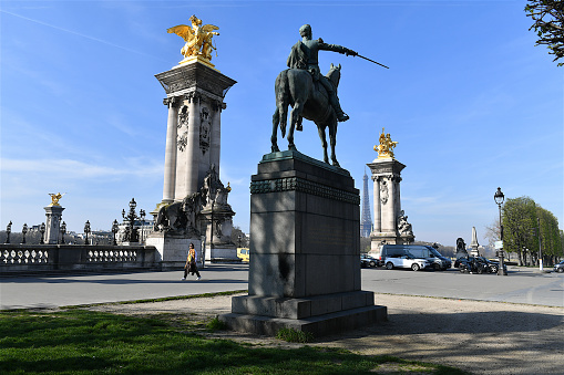 Paris, France-03 22 2024: The equestrian statue of Simon Bolivar, created in 1930 by french sculptor E.Frémiet and located at one end of the Alexandre III bridge in Paris, France.