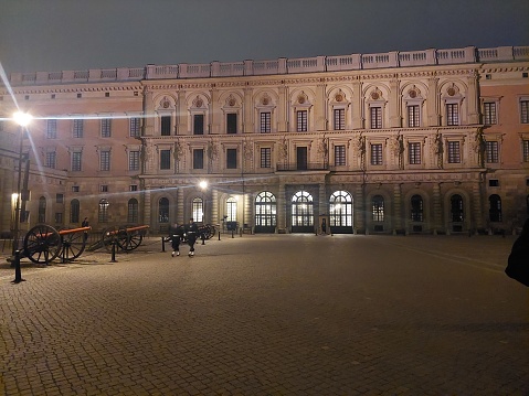Stockholm by night, the entrance to the Kungliga Slottet, the Stockholm Royal Palace