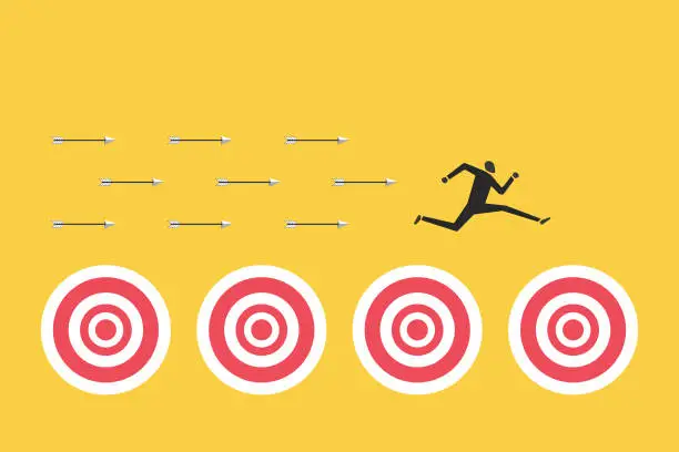 Vector illustration of Businessman jumping on bigger target, successfully. advancement in career or business growth concept. Aspiration and motivation