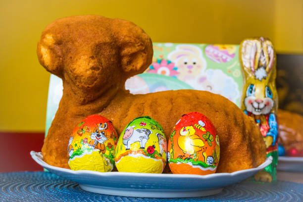 Traditional easter sweet lamb cake with powdered sugar, Bunnie, eggs, baking on old vintage background, Easter Background. High quality photo