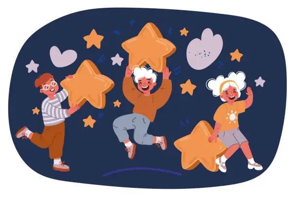 Vector illustration of Cartoon vector illustration of Cute kids holding gold stars