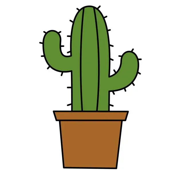 Vector illustration of green cactus with pot. desert. Flat, Cartoon style. cactus with prickles. Vector and illustration.