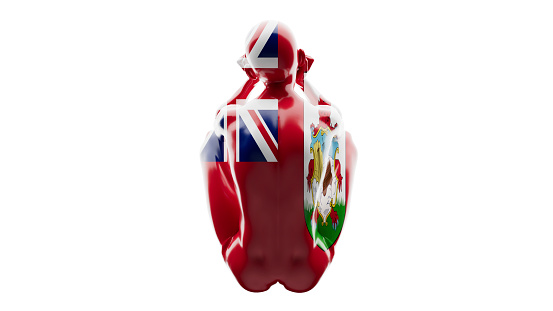 Statuesque figure draped in a flag combining the Union Jack and a colorful coat of arms, in darkness.