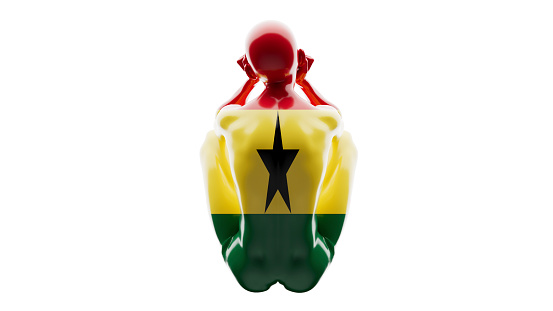 A luminous mannequin figure enveloped in the bold red, gold, and green with the black star of Ghana's flag.