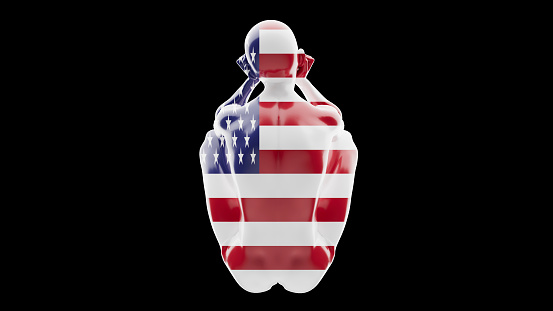 Silhouette of a mannequin wrapped in the American flag, symbolizing patriotism and national identity.