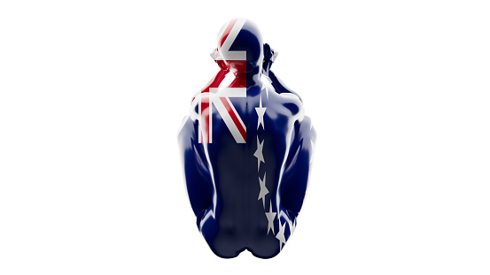 Gleaming figure enveloped in the Australian flag, symbolizing national spirit and unity.