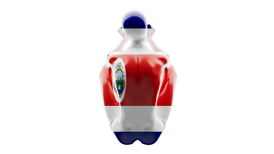 Mannequin draped in Costa Rica flag, epitome of peace and natural beauty.